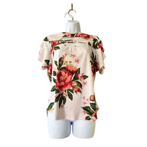 Love Women's 2XL Floral Cut-Out Blouse Ruffle Sleeves Multicolor